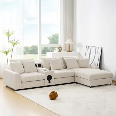 Streamdale Furniture Streamdale 112" Corduroy Sectional Sofa W/ Bluetooth, Console, Usb, Cup Holders, Storage In White