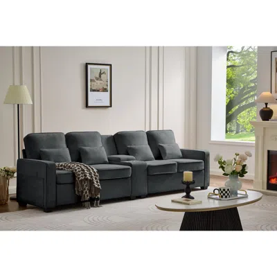 Streamdale Furniture Streamdale 114" Sofa W/ Console, Cupholders, Usb Ports, Pillows - Dark Gray
