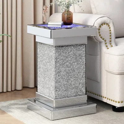 Streamdale Furniture Streamdale 11.8" Silver Square Mirrored End Table With Led Lights In Gray