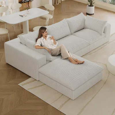 Streamdale Furniture Streamdale 118.2" Cloud Sofa, Corduroy, Deep Seat, Double-layer, Removable Cushion, White