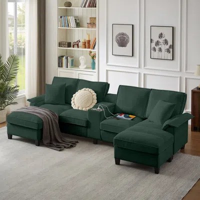 Streamdale Furniture Streamdale 120" Corduroy Sectional Sofa Bed With Storage, U-shape, Green