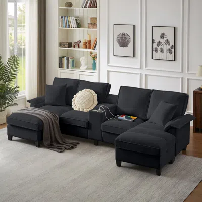 Streamdale Furniture Streamdale 120" Corduroy Sectional Sofa Bed W/storage, U-shape, 4-seater, Cup Holders - Black