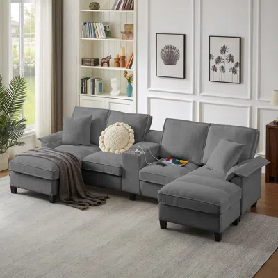 Streamdale Furniture Streamdale 120" Corduroy Sectional Sofa Bed W/storage, U-shape, 4-seater, Cup Holders In Gray