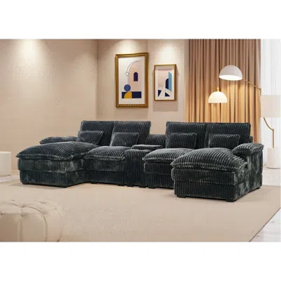 Streamdale Furniture Streamdale 120" U-shaped Sofa W/ Console Table, Usb Ports & Pillows In Green