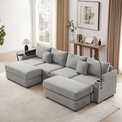 Streamdale Furniture Streamdale 123" Modern Sectional Sofa W/ Storage, Ottomans, Usb, Cup & Phone Holders - Grey
