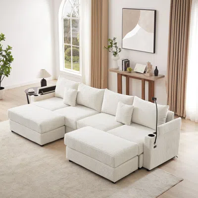 Streamdale Furniture Streamdale 123" Modern Sectional Sofa W/ Storage, Ottomans, Usb, Cup & Phone Holders, Beige