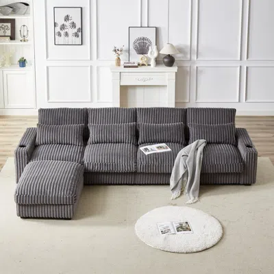 Streamdale Furniture Streamdale 126" Corduroy L-shaped Sofa W/ Cup Holder, Usb, Pillows & Ottoman