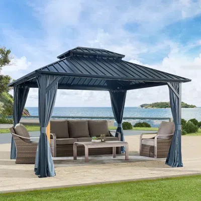Streamdale Furniture Streamdale 12'x12' Hardtop Gazebo: Steel Roof, Aluminum Frame, Curtains & Netting