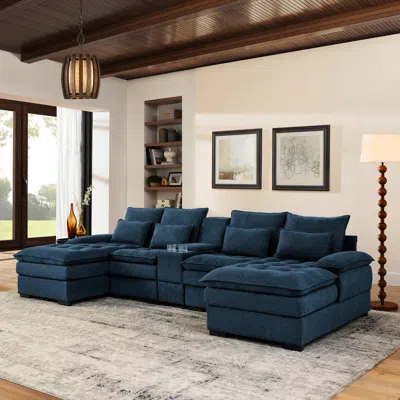Streamdale Furniture Streamdale 130" U-shaped Sofa With Console, Cupholders, Sleeper & Chaise (blue)