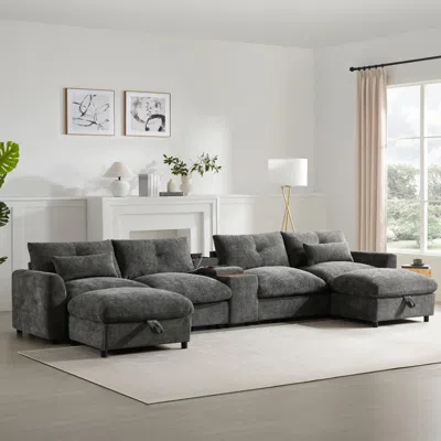 Streamdale Furniture Streamdale 136" Modular Sectional Sofa With Console, Cup Holder & Usb Charger, Ottoman