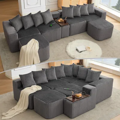 Streamdale Furniture Streamdale 137.5" U-shaped Sofa, Usb/wireless Charge, Cup Holder, Movable, Gray Corduroy