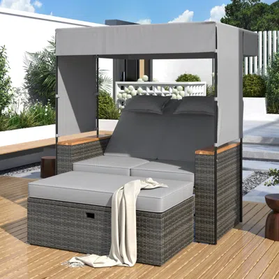 Streamdale Furniture Streamdale 2-piece Outdoor Rattan Daybed, Loveseat Sofa With Bench, Lounge Roof, Cushions (grey)