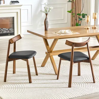 Streamdale Furniture Streamdale 2 Walnut Solid Wood Dining Chairs With Black Pu Cushions And Curved Backrests