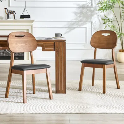 Streamdale Furniture Streamdale 2 Walnut Solid Wood Dining Chairs With Black Pu Cushions And Hollow Backs