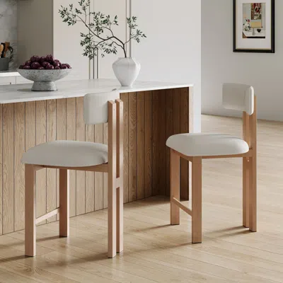 Streamdale Furniture Streamdale 26.5" Round Stools - Low Back, Upholstered Seat, Natural Wood Frame In White