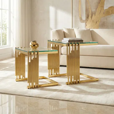 Streamdale Furniture Streamdale 2-piece Gold Tempered Glass Coffee Table Set With Stainless Steel Frame