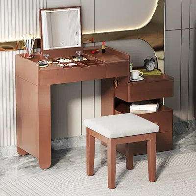 Streamdale Furniture Streamdale 3-in-1 Flip-top Vanity Desk W/ Led, Adjustable Length, Drawers - Walnut