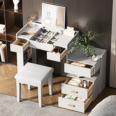 Streamdale Furniture Streamdale 3-in-1 Vanity Desk: Flip-top Mirror, Led, Adjustable Length, White