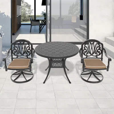 STREAMDALE FURNITURE STREAMDALE 3-PC CAST ALUMINUM DINING SET, 2 SWIVEL CHAIRS, 39" ROUND TABLE, BLACK FRAME
