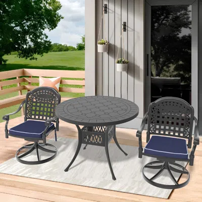 STREAMDALE FURNITURE STREAMDALE 3-PC CAST ALUMINUM DINING SET, 2 SWIVEL CHAIRS, 39" ROUND TABLE, BLACK FRAME