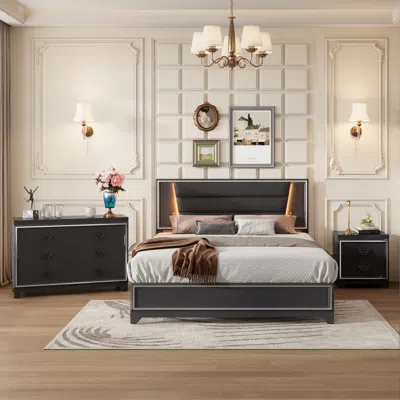 Streamdale Furniture Streamdale 3-piece Black Queen Bed Set With Led Lights