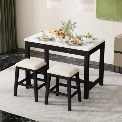 Streamdale Furniture Streamdale 3-piece Faux Marble Bar Table Set With Drawers And Padded Stools