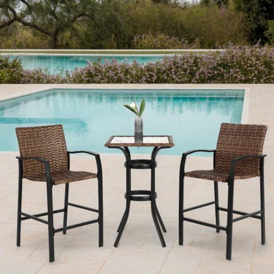 Streamdale Furniture Streamdale 3-piece Outdoor Rattan Bar Set, Glass Table, Wicker Stools, Brown