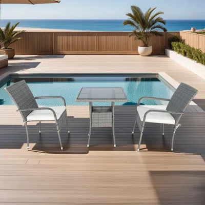 Streamdale Furniture Streamdale 3 Piece Patio Wicker Conversation Set Grey Wicker + White Cushion