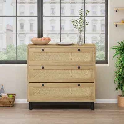 Streamdale Furniture Streamdale 30" Oak 3-drawer Woven Storage Cabinet For Multiple Rooms In Neutral