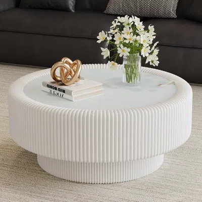Streamdale Furniture Streamdale 31.5" Fluted Round Leather & Glass Coffee Table With Hidden Storage