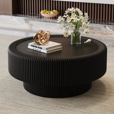 Streamdale Furniture Streamdale 31.5" Fluted Round Leather & Glass Storage Coffee Table