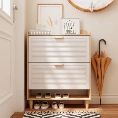 Streamdale Furniture Streamdale 31.5" Nordic Shoe Cabinet - 2 Flip Drawers, Solid Wood Legs