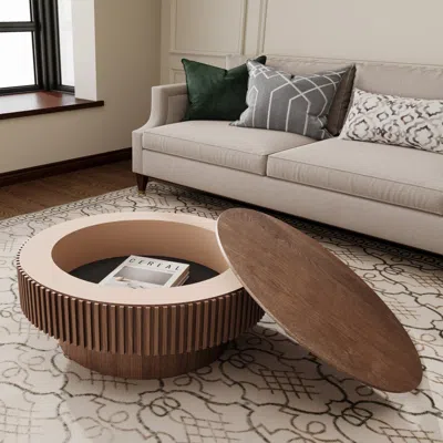 Streamdale Furniture Streamdale 31.5" Round Walnut Coffee Table With Storage