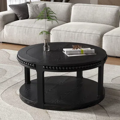 Streamdale Furniture Streamdale 31.5" Round Wood Coffee Table - 2-tier Rustic Shelf, Black