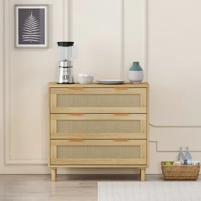 Streamdale Furniture Streamdale 31.5"oak 3-drawer Rattan Storage Cabinet For Any Room In Neutral