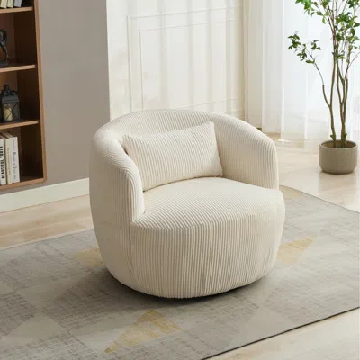 Streamdale Furniture Streamdale 34" Wide Corduroy Swivel Barrel Chair With Pillow - Ivory