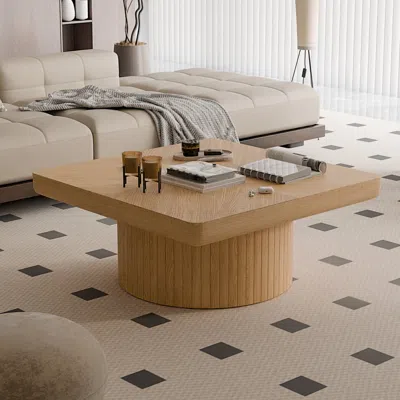 Streamdale Furniture Streamdale 34.6" Square Coffee Table, Modern Wood Veneer Top With Parquet Pattern & Cylindrical Base