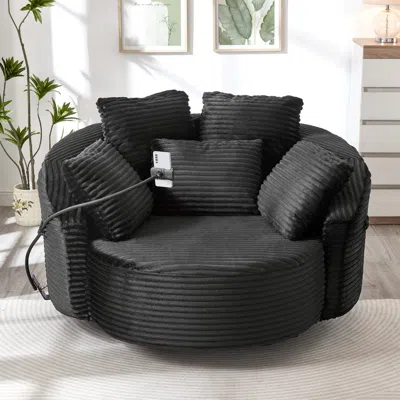 Streamdale Furniture Streamdale 360° Swivel Corduroy Accent Barrel Chair With 5 Pillows & Phone Holder, Black In Multi