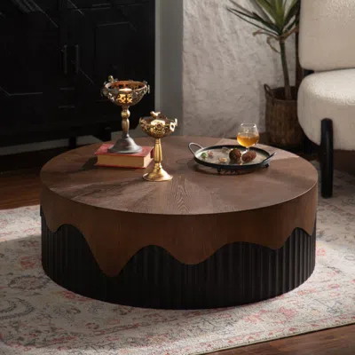 Streamdale Furniture Streamdale 39" Round Coffee Table - Handcrafted Relief Pedestal - No Assembly In Brown