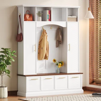 Streamdale Furniture Streamdale 4-in-1 Hall Tree: 59" Wide, Golden Hooks, Walnut Bench, Adjustable Shelves, White