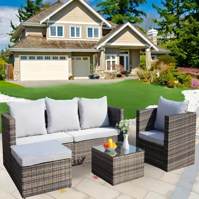 Streamdale Furniture Streamdale 4-pc Outdoor Rattan Sofa Set, Cushioned Couch & Coffee Table (gray)