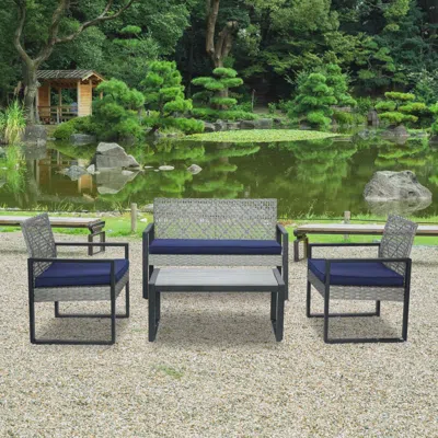 Streamdale Furniture Streamdale 4-piece Gray Acacia Wood Patio Furniture Set With Blue Cushions