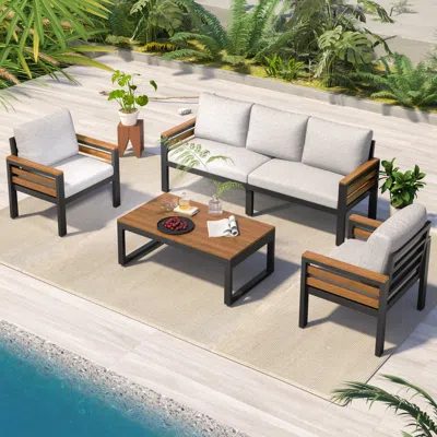 Streamdale Furniture Streamdale 4-piece Outdoor Sofa Set With Acacia Armrests & Coffee Table