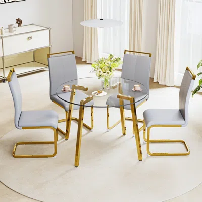 Streamdale Furniture Streamdale 40" Modern Round Glass Dining Set With 4 Neutral Chairs, Metal Legs