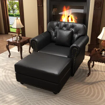 Streamdale Furniture Streamdale 41.3" Faux Leather Chesterfield Sofa With Nailhead Trim And Pillows, Black