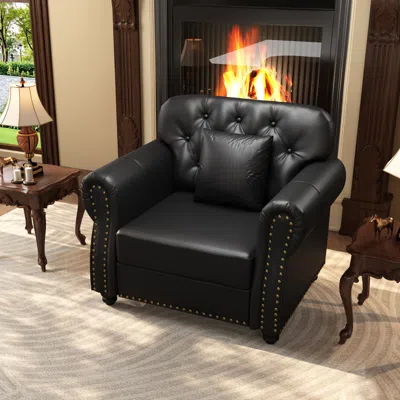 Streamdale Furniture Streamdale 41.3" Faux Leather Chesterfield Sofa With Nailhead Trim And Pillows, Black