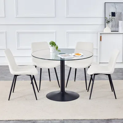 Streamdale Furniture Streamdale 42" Round Glass Dining Table With 4 Artificial Leather Chairs In White