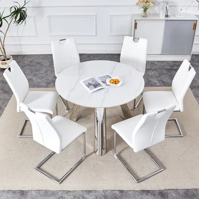 Streamdale Furniture Streamdale 42" Round Sintered Stone Table & 6 White/silver Chairs
