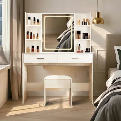 Streamdale Furniture Streamdale 42.5" Lighted Vanity Desk With Drawers, Shelves, Stool & Outlet - White