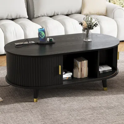 Streamdale Furniture Streamdale 42.5" Oval Fluted Coffee Table W/ Charging Station & Sliding Door - Black